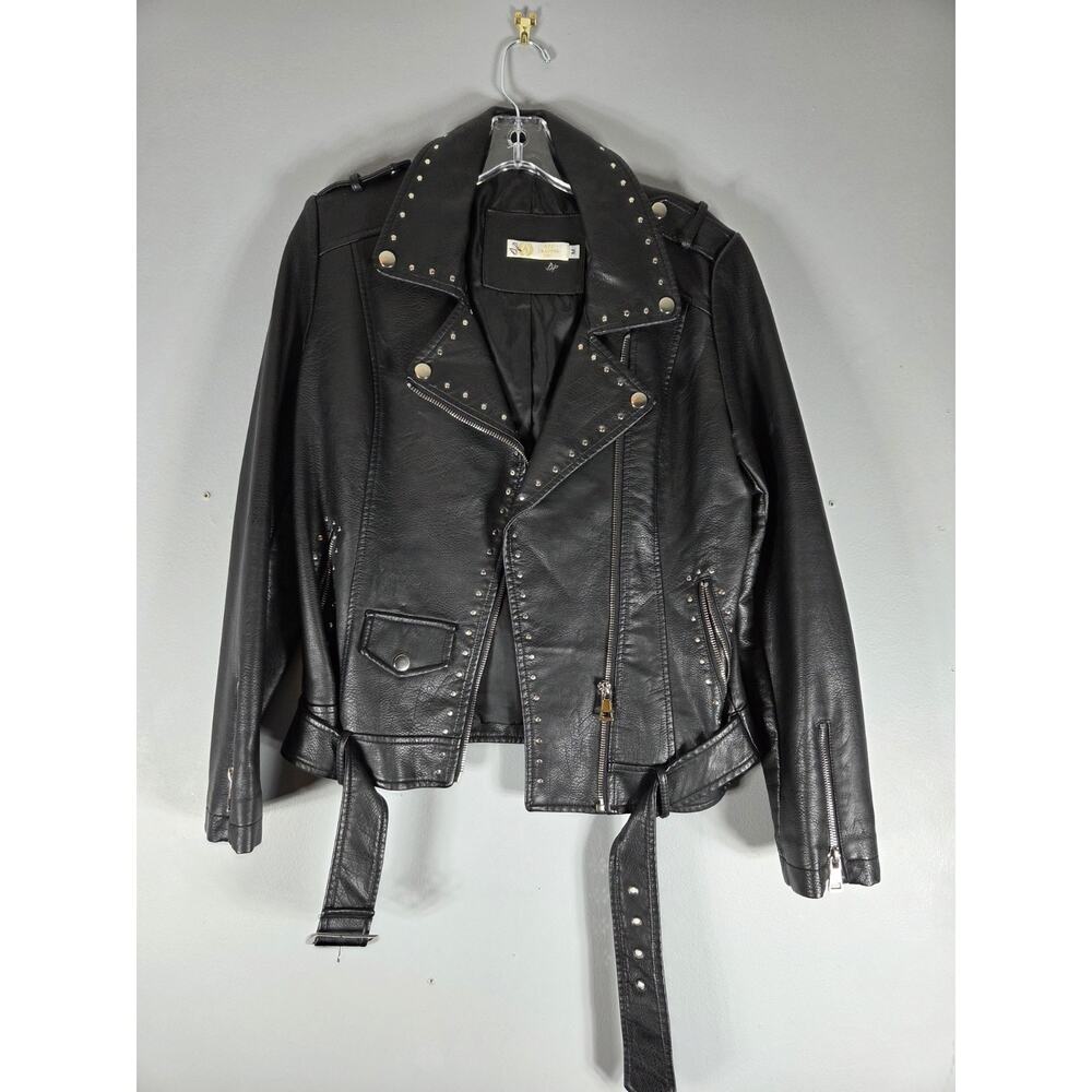 Studded Black Leather Moto Jacket Women’s M AZZ Trading Inc Biker Belted